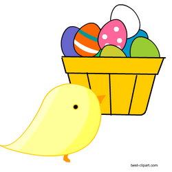 Easter chick with basket full of colorful eggs
