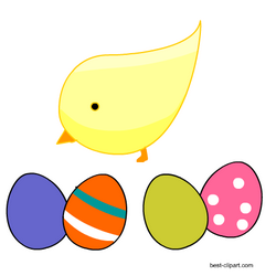 Easter chick standing among colorful Easter eggs clip art