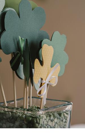 St Patricks Day vase arrangement with green clovers- landscape02 - Stock Image