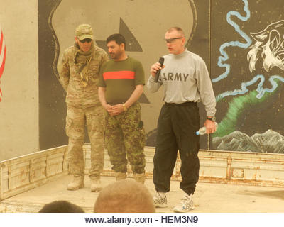 Col. Todd Wood, commander of Task Force Arctic Wolves, and Afghan Brig. Gen. Amad Habibi, commander of the 1st Brigade, - Stock Image