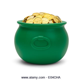 Large Green Pot with Colver Gold Coins Isolated on White Background. - Stock Image