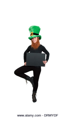 A leprechaun with a a blank sign where text can be added - Stock Image