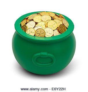 Green Pot of Gold with Clover Coins Isolated on White Background. - Stock Image