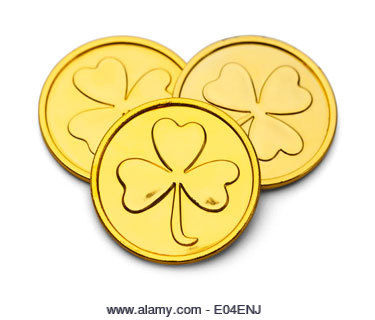 Three Gold Coins with Three Leaf Clover Desgin Isolated on White Background. - Stock Image
