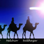 The three Kings, Casper, Melchior, and Balthazar on camel heading toward the star of Bethlehem